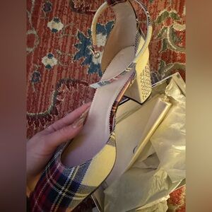 J. Crew Plaid Heels with Rhinestone Accent